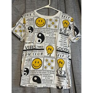 On Fire Y2K Smiley Face Yin Yang Graphic‎ Tee Shirt XL